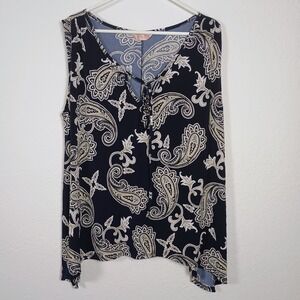 "SJS Women's Size 3X Sleeveless Blouse Navy Blue‎ White Paisley V-Neck...